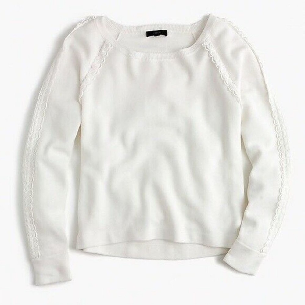 J Crew Women's Scalloped Crewneck Sweater Long Sleeve Pullover Top White Small